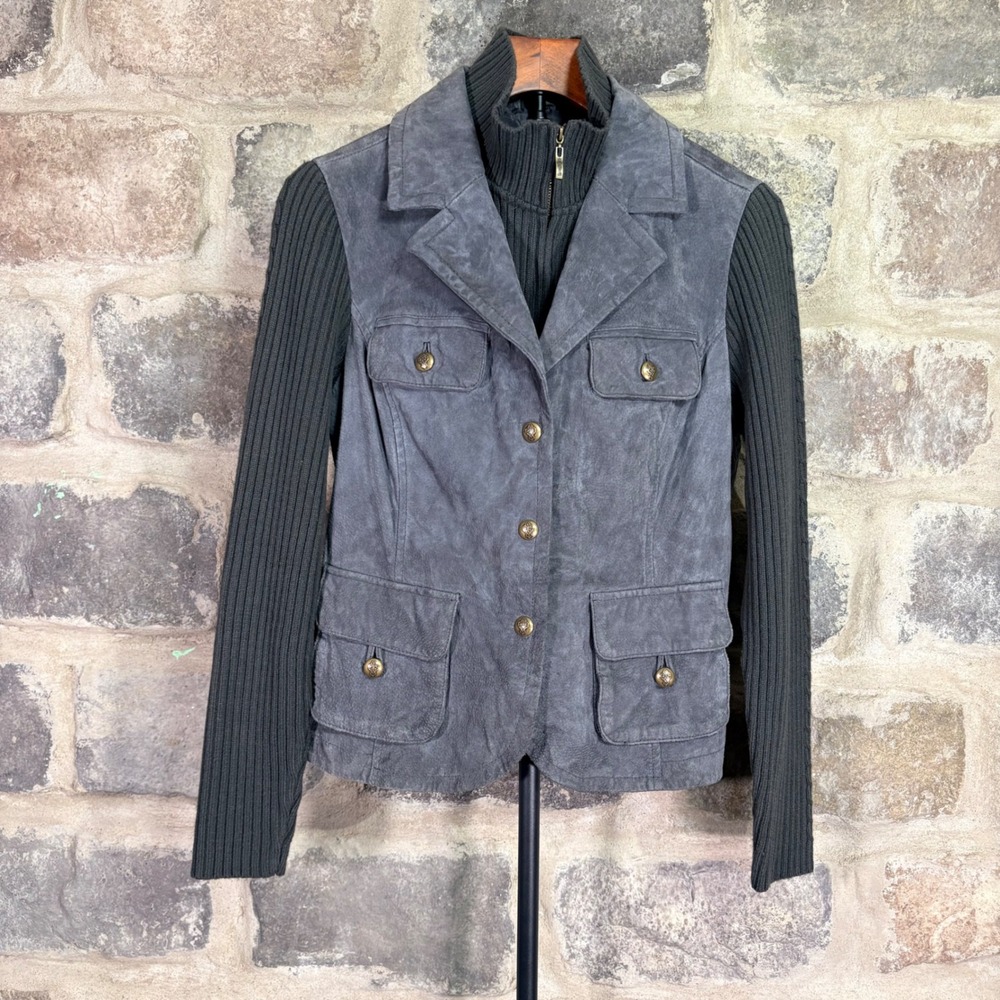 Live A Little Womens Grey Leather Ribbed Knit Sleeve Utility Jacket Size Medium